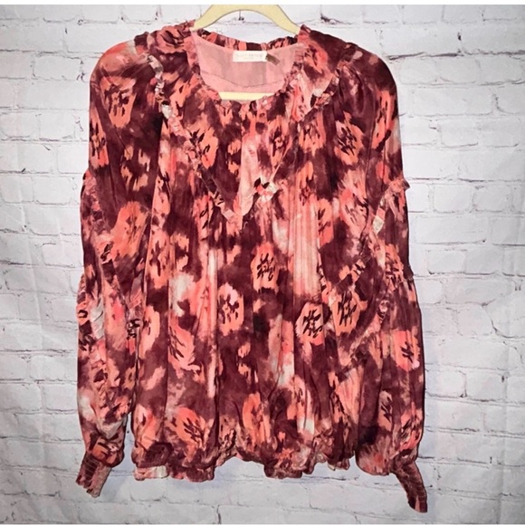 Like new! Ramy Brook Floral Blouse Top Tunic Pink and Dark Red Large